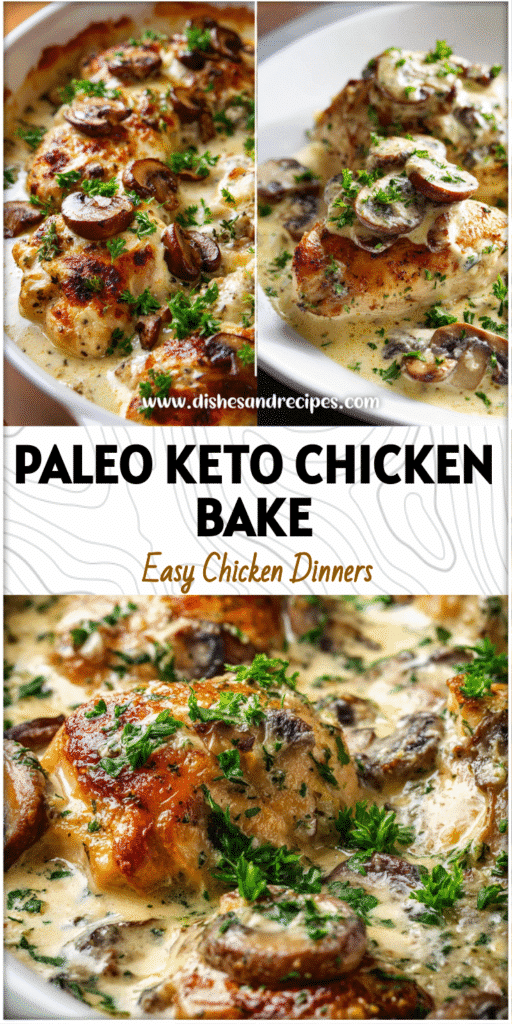 Baked paleo chicken with mushrooms in a creamy keto sauce garnished with fresh parsley.